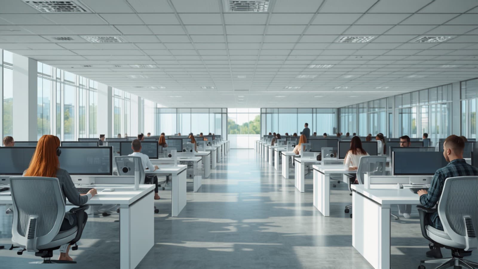 Rows of customer service agents wearing headsets at their desks on a busy call centre floor